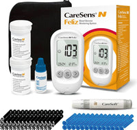 
              CareSens N Feliz Blood Glucose Monitoring Kit with 100 Blood Sugar Test Strips, 100 Lancets, 1 Blood Glucose Meter, 1 Lancing Device, 1 Control Solution, Travel Case for Diabetes Testing Kit
            