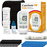 CareSens N Feliz Blood Glucose Monitoring Kit with 100 Blood Sugar Test Strips, 100 Lancets, 1 Blood Glucose Meter, 1 Lancing Device, 1 Control Solution, Travel Case for Diabetes Testing Kit