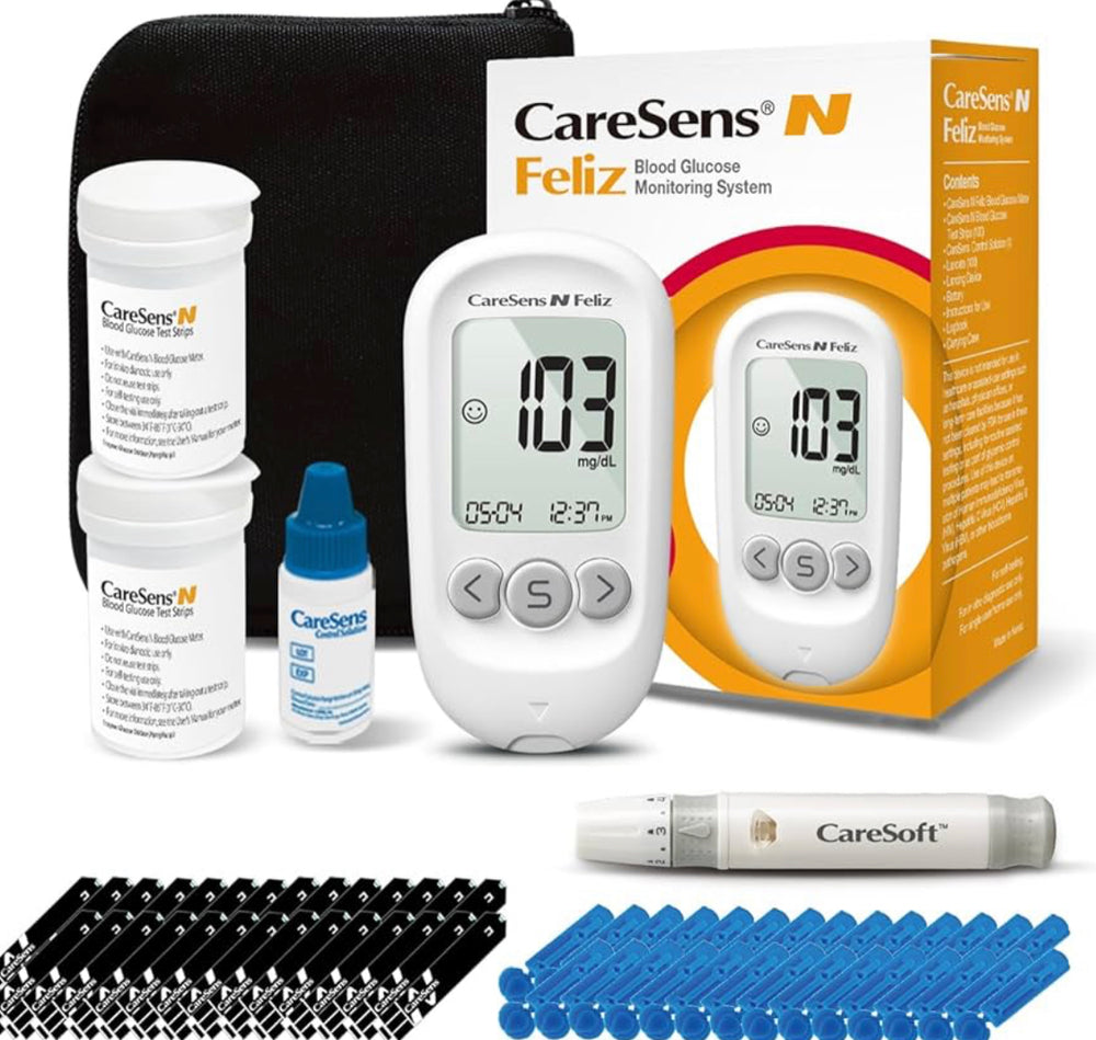 CareSens N Feliz Blood Glucose Monitoring Kit with 100 Blood Sugar Test Strips, 100 Lancets, 1 Blood Glucose Meter, 1 Lancing Device, 1 Control Solution, Travel Case for Diabetes Testing Kit