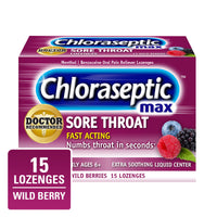 
              Chloraseptic Max Strength Sore Throat Lozenges, Wild Berries Flavor Throat Remedy, 15 Count
            