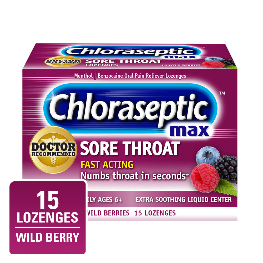 Chloraseptic Max Strength Sore Throat Lozenges, Wild Berries Flavor Throat Remedy, 15 Count