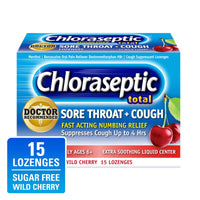
              Chloraseptic Total Sore Throat + Cough Lozenges, Sugar-Free Wild Cherry Flavor, 15 CT
            