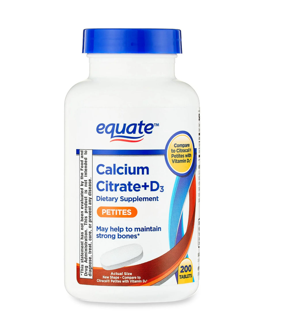 Equate Calcium Citrate + D3 Petites Tablets Dietary Supplement, 200 Count
