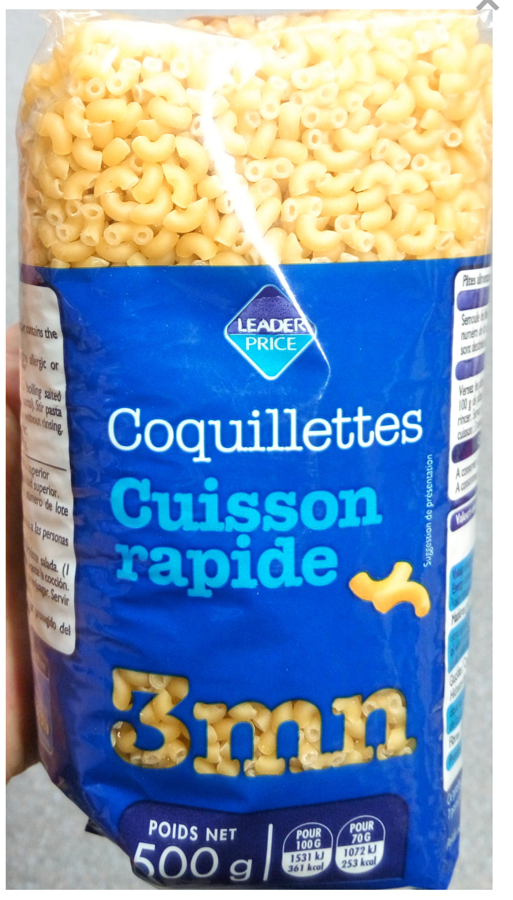 Coquillettes cuisson rapide 3 mn – Leader Price – 500 g DLC: 02/2026