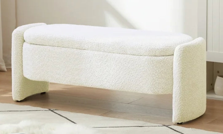 Oval Storage Bench,3D Lamb Fleece Fabric Ottoman Bench with Large Storage Space,Storage Ottoman for Living Room,Entryway,Bedroom,Cream White
