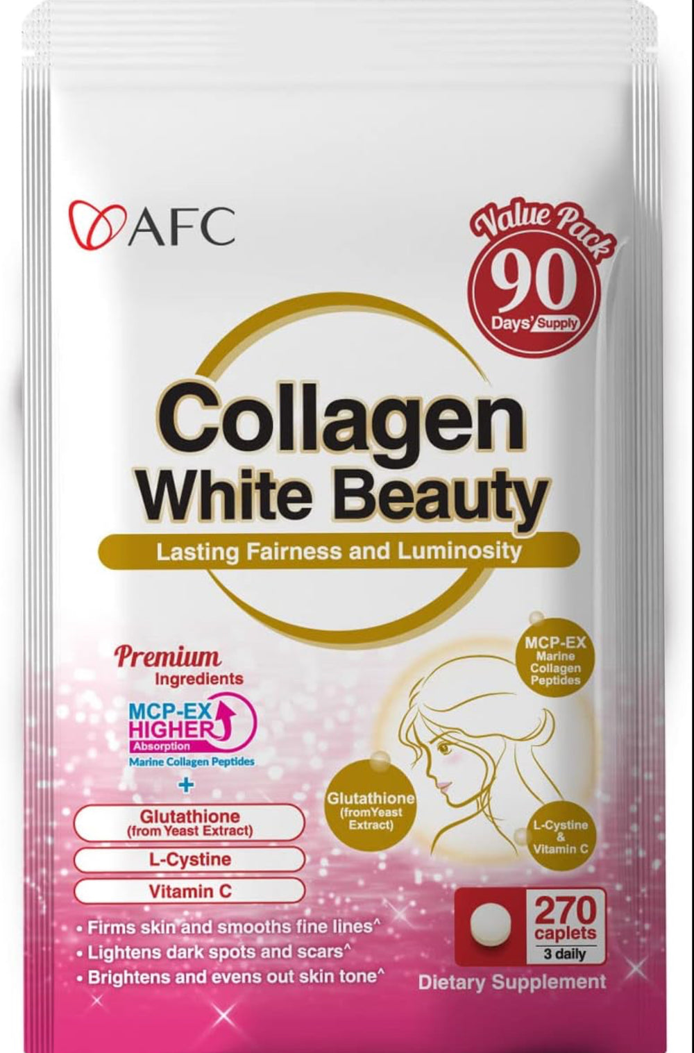 AFC Japan Collagen White Beauty with Marine Collagen Peptide, Glutathione, L-Cystine - 1.5X Better Absorption Than Other Collagen – for Skin Firmness & Whitening– 90 Days Supply's DLC: 20Juin26
