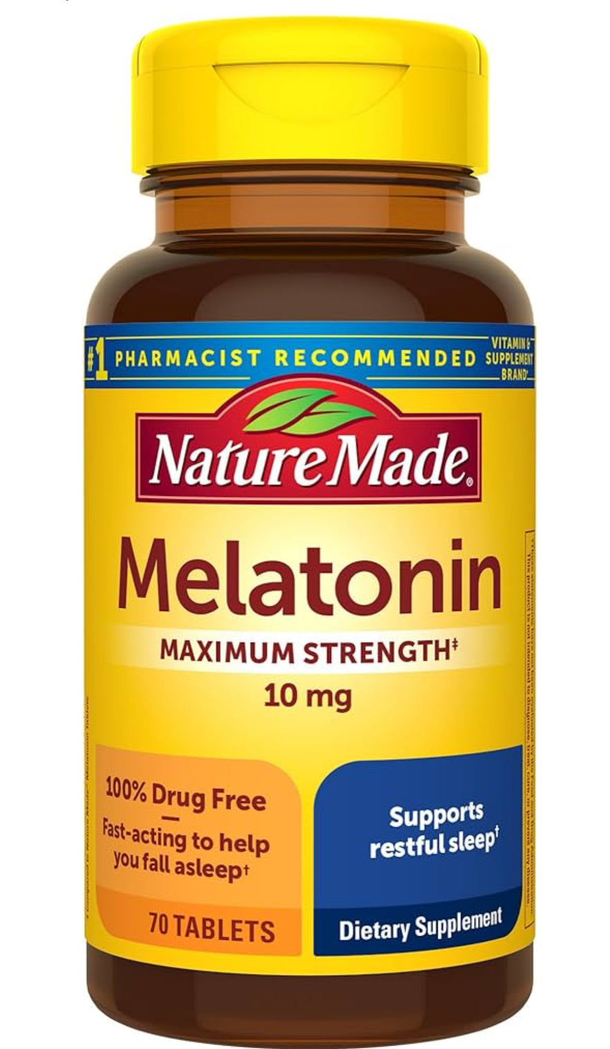 Nature Made Tabletas de melatonina extra fuerte de 10 mg, suplemento dietético para un sueño reparador, 70 unidades DLC: Mai25