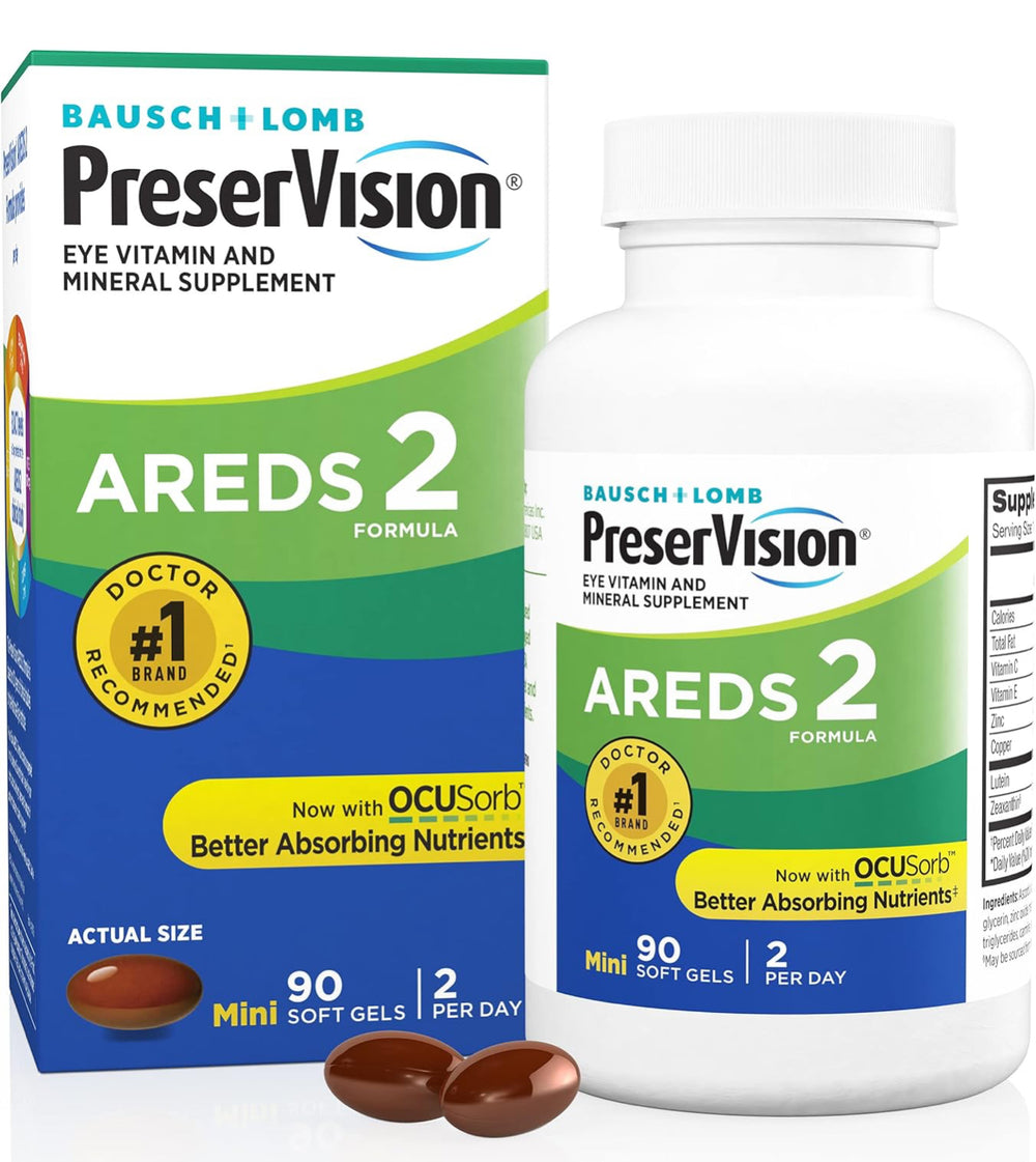 PreserVision AREDS 2 Eye Vitamin & Mineral Supplement with OCUSorb, with Lutein & Zeaxanthin From Bausch + Lomb, 90 Soft Gels (MiniGels) DLC: Juillet26