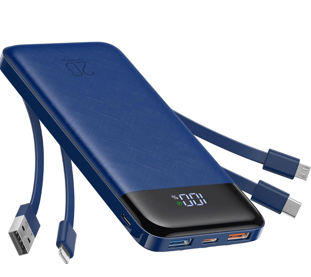 Charmast Power Bank 20000 mAh Portable Charger with Integrated Cables, 5 Outputs and 4 Inputs for iPhone 14 13 12 11 Samsung S21 S22 (Blue)