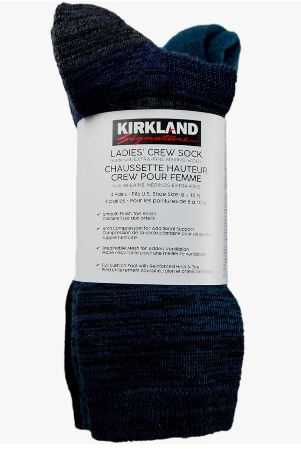 KIRKLAND Signature Ladies' Extra-Fine Merino Wool Crew Socks, Blue