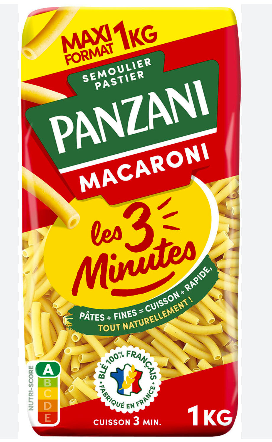 Pâtes macaroni Les 3 Minutes PANZANI 1kg DLC: Janv26