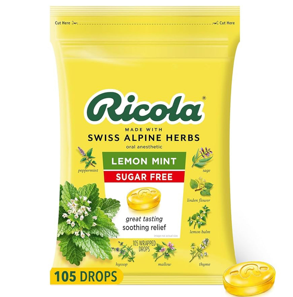 Ricola Sugar Free Lemon Mint Herbal Cough Suppressant Throat Drops, 105ct Bag DLC: 08 Mai26