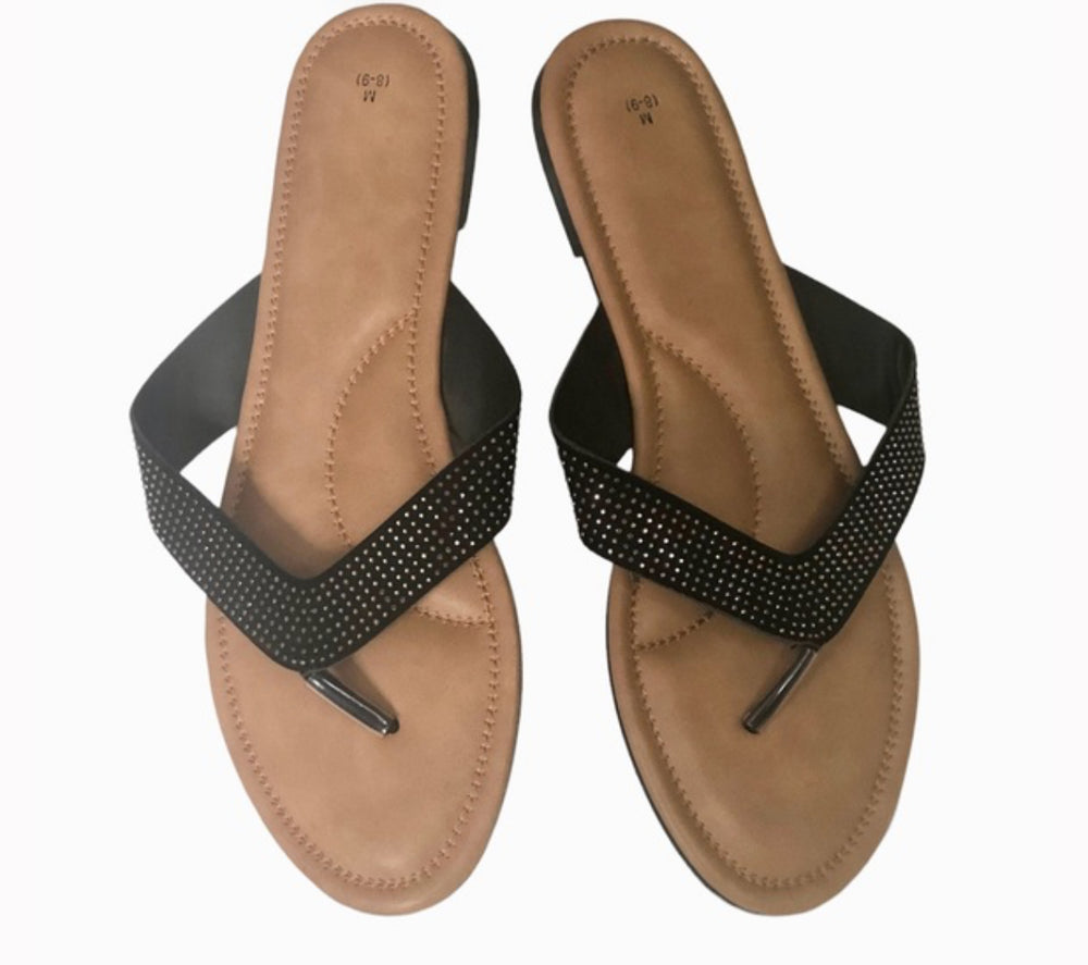 Womens Sandals Flip Flop with black glitter rhinestone look. New without. tags Size M(8-9)