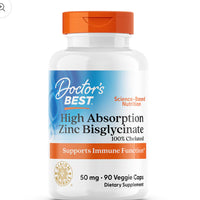 Doctor's Best High Absorption Zinc Bisglycinate, 100% Chelated, 50 mg, 90 Veggie Caps DLC: Août27