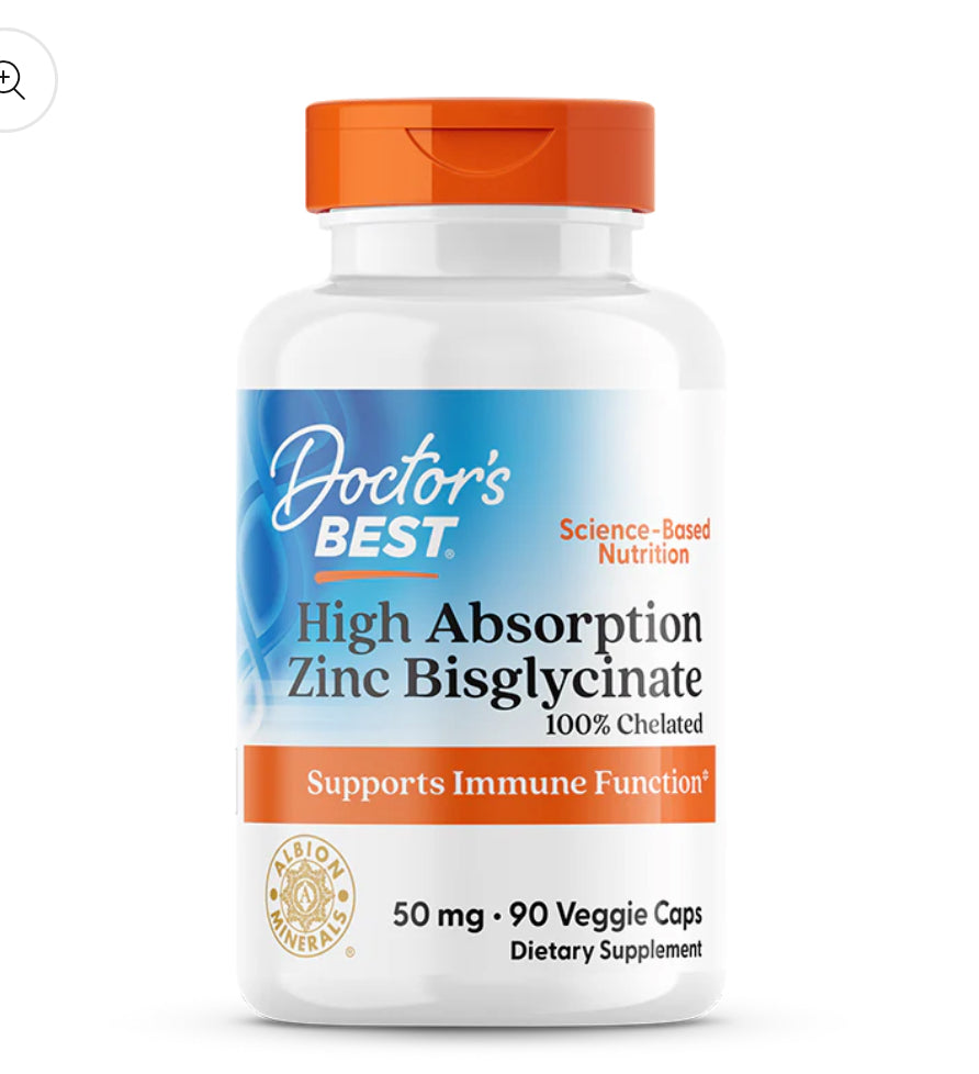 Doctor's Best High Absorption Zinc Bisglycinate, 100% Chelated, 50 mg, 90 Veggie Caps DLC: Août27