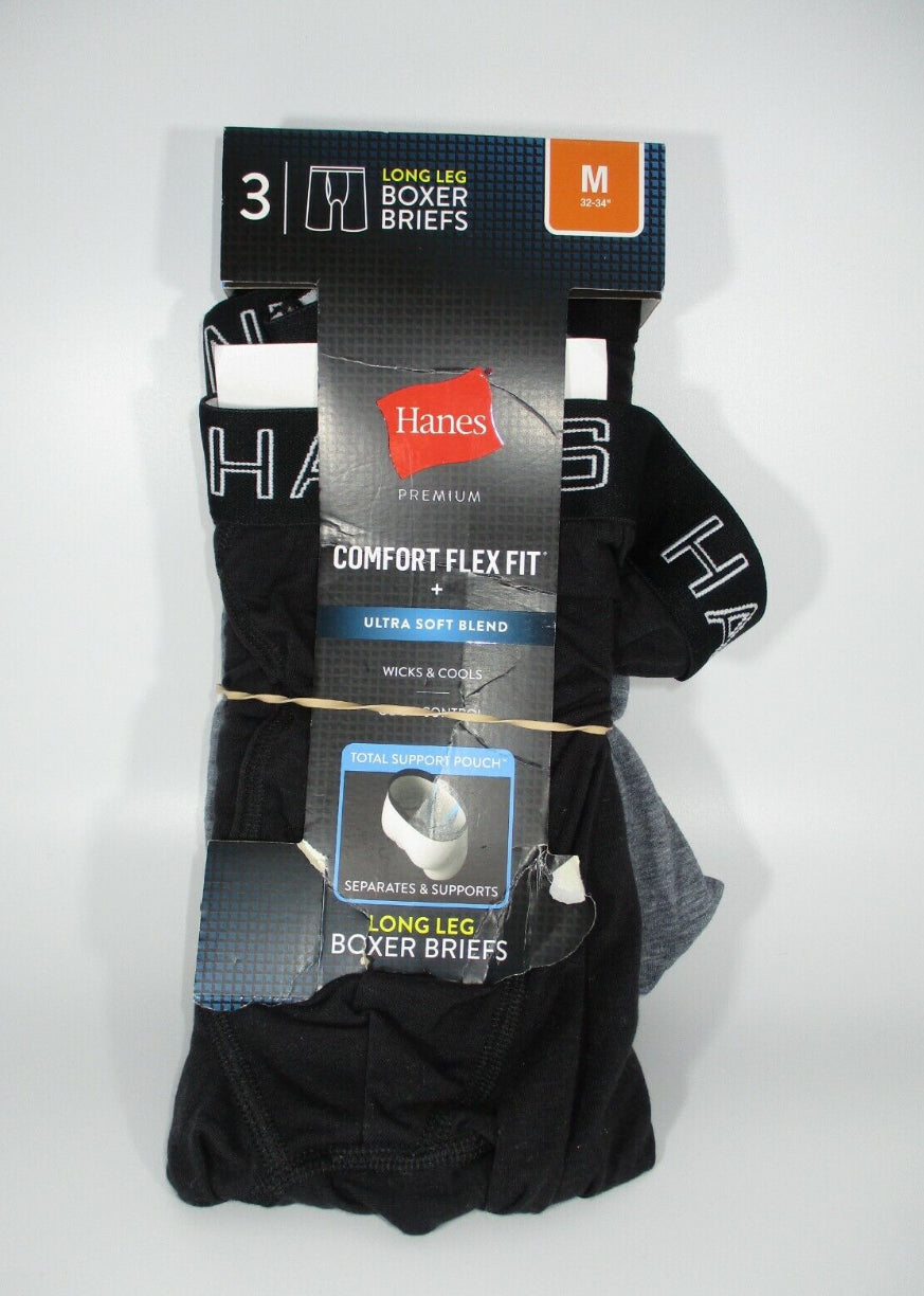 Hanes Premium Men's Long Leg Boxer Briefs with Anti Chafing Total Support Pouch 3pk - Black/Gray/ Size M