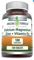 
              amazing nutrition Calcium 1000mg - Magnesium 400mg - Zinc 25mg Plus Vitamin D3 600 IU - 300 Tablets Per Bottle DLC: 01/28
            