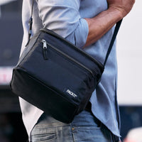 PackIt Freezable Essential Cooler, Black, Built with ECOFREEZE Technology, Fully Freezable, Collapsible, Reusable, with Removable Crossbody Strap, Top Clip Handle, Designed for Fresh Office