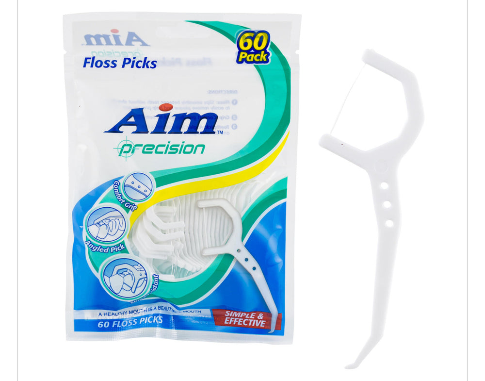 Aim Precision Floss Picks - 60 Pack - Simple & Effective - Angled Pick with Comfort Grip
(60ct)
