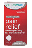 
              ValuHealth Regular Strength Acetaminophen 325-mg Pain Relief Tablets, 60-ct. Bottles DLC: Nov25
            