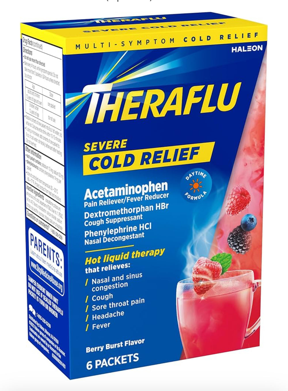 Theraflu Powder for Daytime Severe Cold and Cough, Berry Infused with Menthol (6 packets)DLC: Juillet26