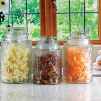 Circleware Clayton Embossed Glass Canister Jars, 3-Piece Set, Glassware Food Beverage Preserving Containers for Coffee, Sugar, Tea, Spices, Cereal, 33oz, 44oz, 54oz, (Clayton Embossed)