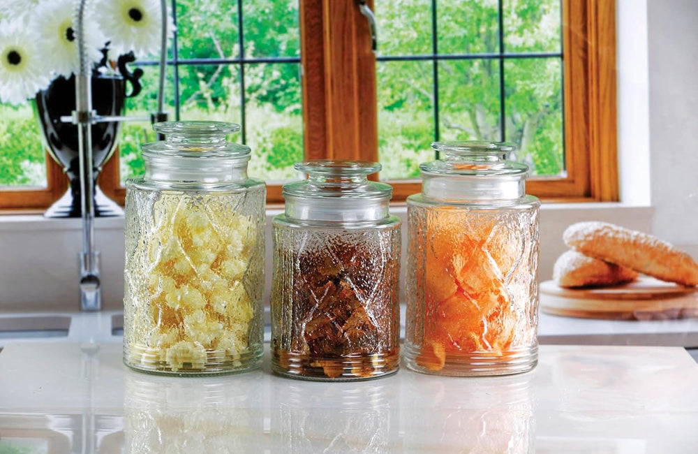 Circleware Clayton Embossed Glass Canister Jars, 3-Piece Set, Glassware Food Beverage Preserving Containers for Coffee, Sugar, Tea, Spices, Cereal, 33oz, 44oz, 54oz, (Clayton Embossed)