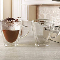Circleware Thermax Double Wall Insulated Heat Resistant Glass Tea & Coffee Mugs with Handle, Set of 2 Beverage Drinking Glasses Cups, 10.4 oz.