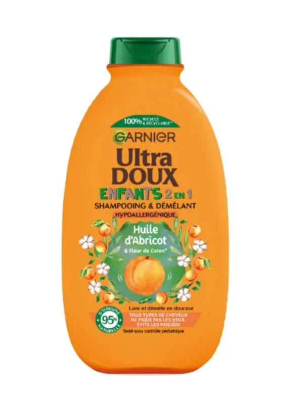 Shampoing Démêlant Hypoallergénique Tous types de cheveux Abricot et Fleur de coton Ultra doux GARNIER (600mL)
