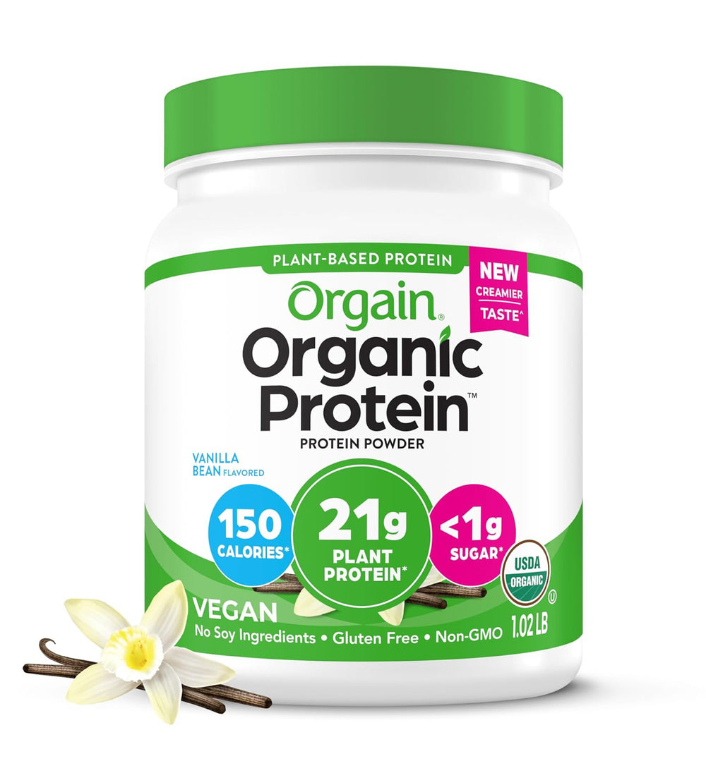 Orgain Organic Vegan Protein Powder, Vanilla Bean - 21g Plant Based Protein, 4g Prebiotic Fiber, No Lactose Ingredients, No Added Sugar, Non-GMO, For Shakes & Smoothies, 1.02 lb (462g) DLC: Fév27
