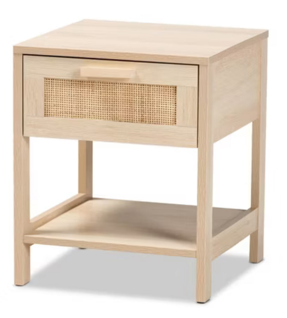 Sebille Wood with Natural Rattan 1 Drawer Nightstand Light Brown - Baxton Studio: Mid-Century Design, Organizational Storage LPFN967937