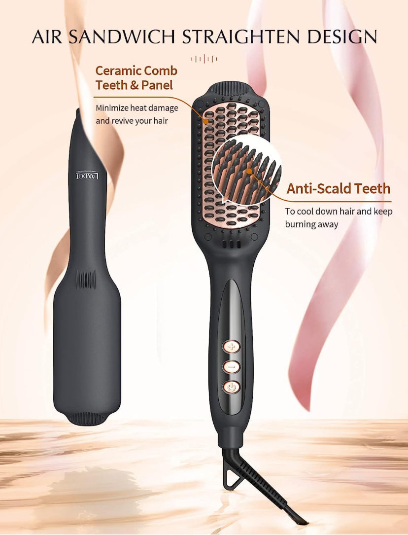 LANDOT Hair Straightener Brush Heated Straightening Brush: Rose Gold Negative Ion Hot Hair Brush for Smooth Frizz Free Hair - Ceramic Flat Iron Brush - Dual Voltage Fast Heating