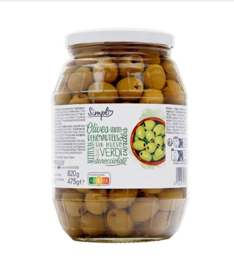 Olives vertes dénoyautées SIMPL (820 g) DLC: Mars26