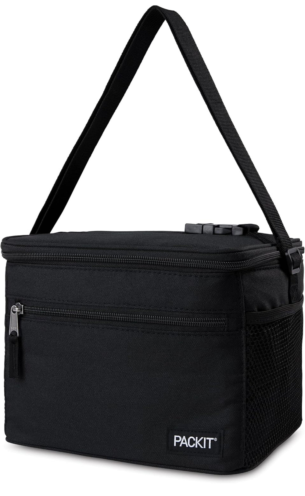 PackIt Freezable Essential Cooler, Black, Built with ECOFREEZE Technology, Fully Freezable, Collapsible, Reusable, with Removable Crossbody Strap, Top Clip Handle, Designed for Fresh Office