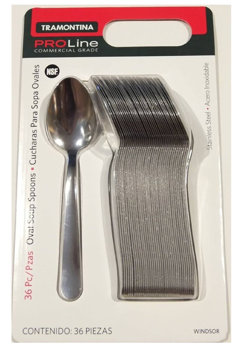 Tramontina Pro Line Lot de 36 cuillères à soupe ovales en acier inoxydable de qualité commerciale Motif Windsor