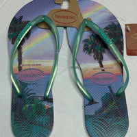 Havaianas Slim Alpargatas Womens Pool Beach Flip Flops Palm Tree Sunset