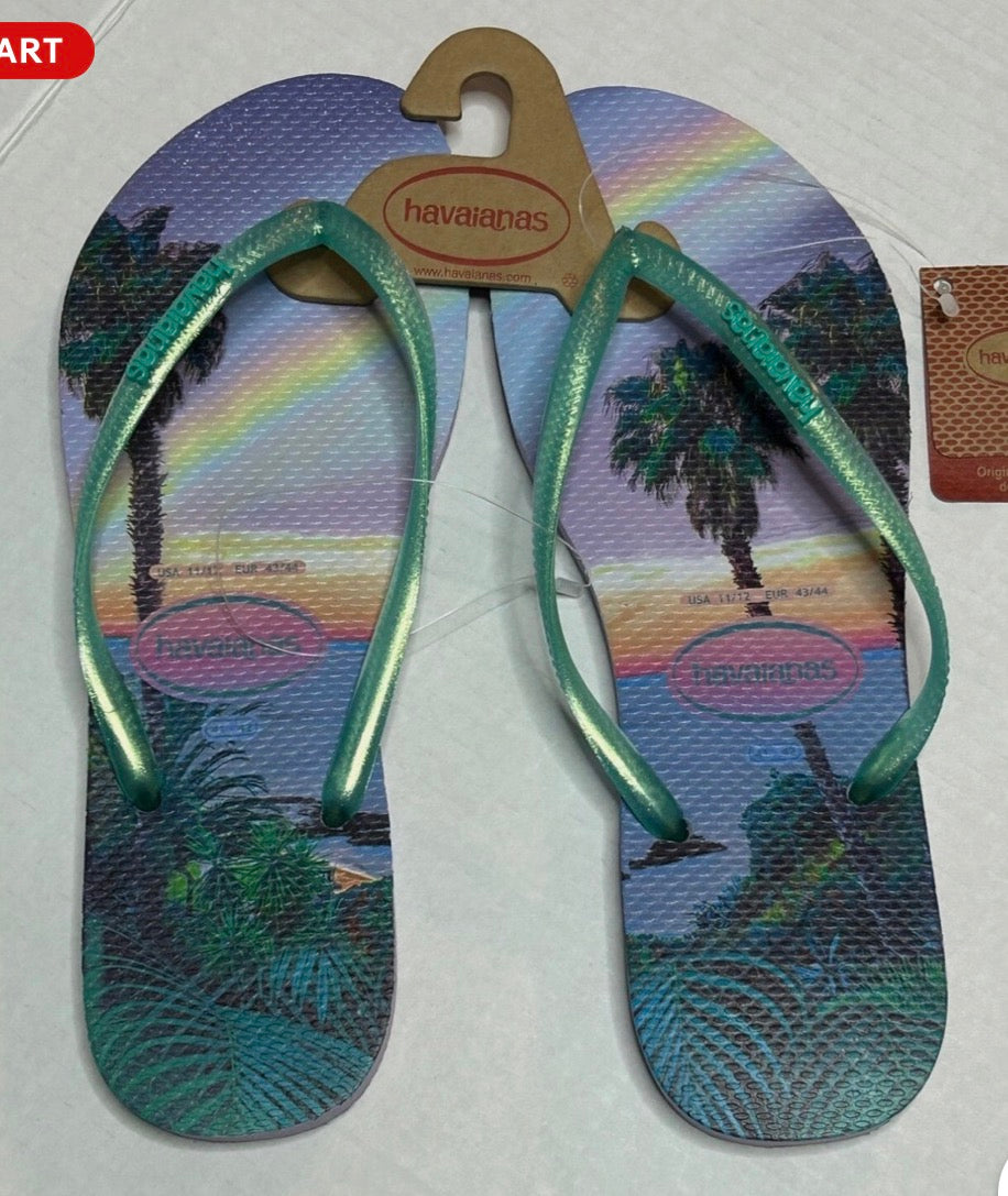 Havaianas Slim Alpargatas Womens Pool Beach Flip Flops Palm Tree Sunset