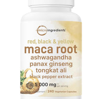 Maca Root Capsules for Women & Men 5,000mg | 240 Veggie Capsules with Ashwagandha, Red, Black, Yellow Maca Root, Panax Ginseng, Tongkat Ali & Black Pepper DLC: 03/2027