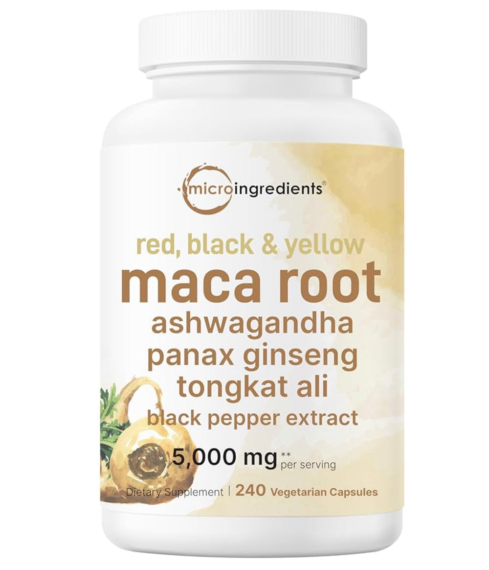 Maca Root Capsules for Women & Men 5,000mg | 240 Veggie Capsules with Ashwagandha, Red, Black, Yellow Maca Root, Panax Ginseng, Tongkat Ali & Black Pepper DLC: 03/2027