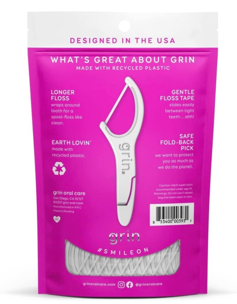 GRIN | Dental Floss |3 Packs of 60 (Smooth Doux Gentle Floss