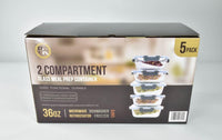 
              ProKraft - 2 Compartment Glass Food Storage Containers, Food Prep Bento Box with Lids (Set of 5), 36oz Each, 2 Individually sealed compartments, Leak Proof Design, BPA Free.
            