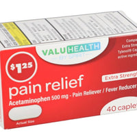 ValuHealth Regular Strength Acetaminophen 500-mg Pain Relief Tablets, 40-ct. Bottles DLC: Août27