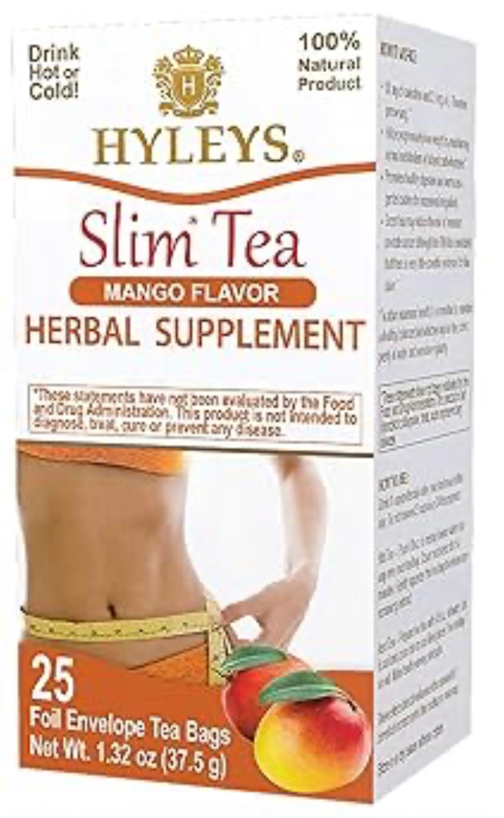 Hyleys Slim Tea Mango Flavor - Weight Loss Herbal Supplement Cleanse and Detox - (25 Tea Bags) DLC: Janv28