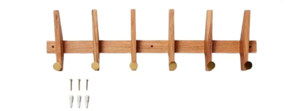 Hearth & Hand Magnolia Wood Brass Wall Hook Rack Hanging Rail 6 Steel Hooks 26