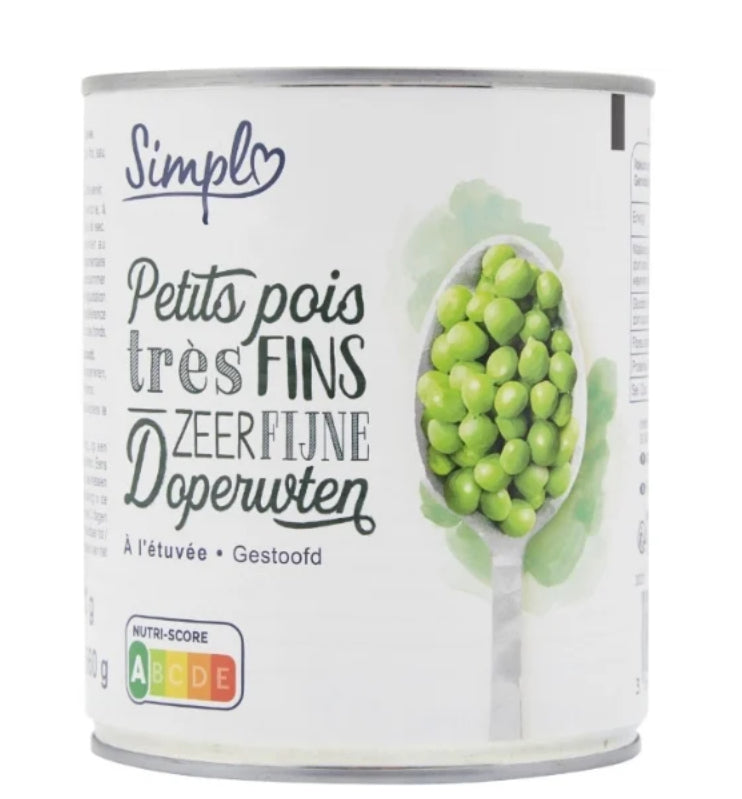 Petits pois très fins à l'étuvée SIMPL 800g/ 560g/ (850ml) DLC: Juin27