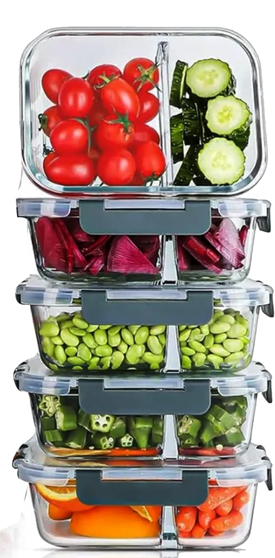 ProKraft - 2 Compartment Glass Food Storage Containers, Food Prep Bento Box with Lids (Set of 5), 36oz Each, 2 Individually sealed compartments, Leak Proof Design, BPA Free.