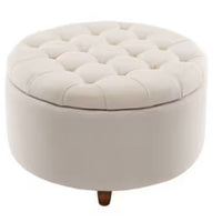 Large Round Tufted Storage Ottoman with Lift Off Lid Cream - WOVENBYRD: Elegant Pintucked, Wood Leg, Polyester Upholstery LPEU854766
