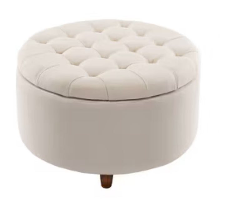 Large Round Tufted Storage Ottoman with Lift Off Lid Cream - WOVENBYRD: Elegant Pintucked, Wood Leg, Polyester Upholstery LPEU854766