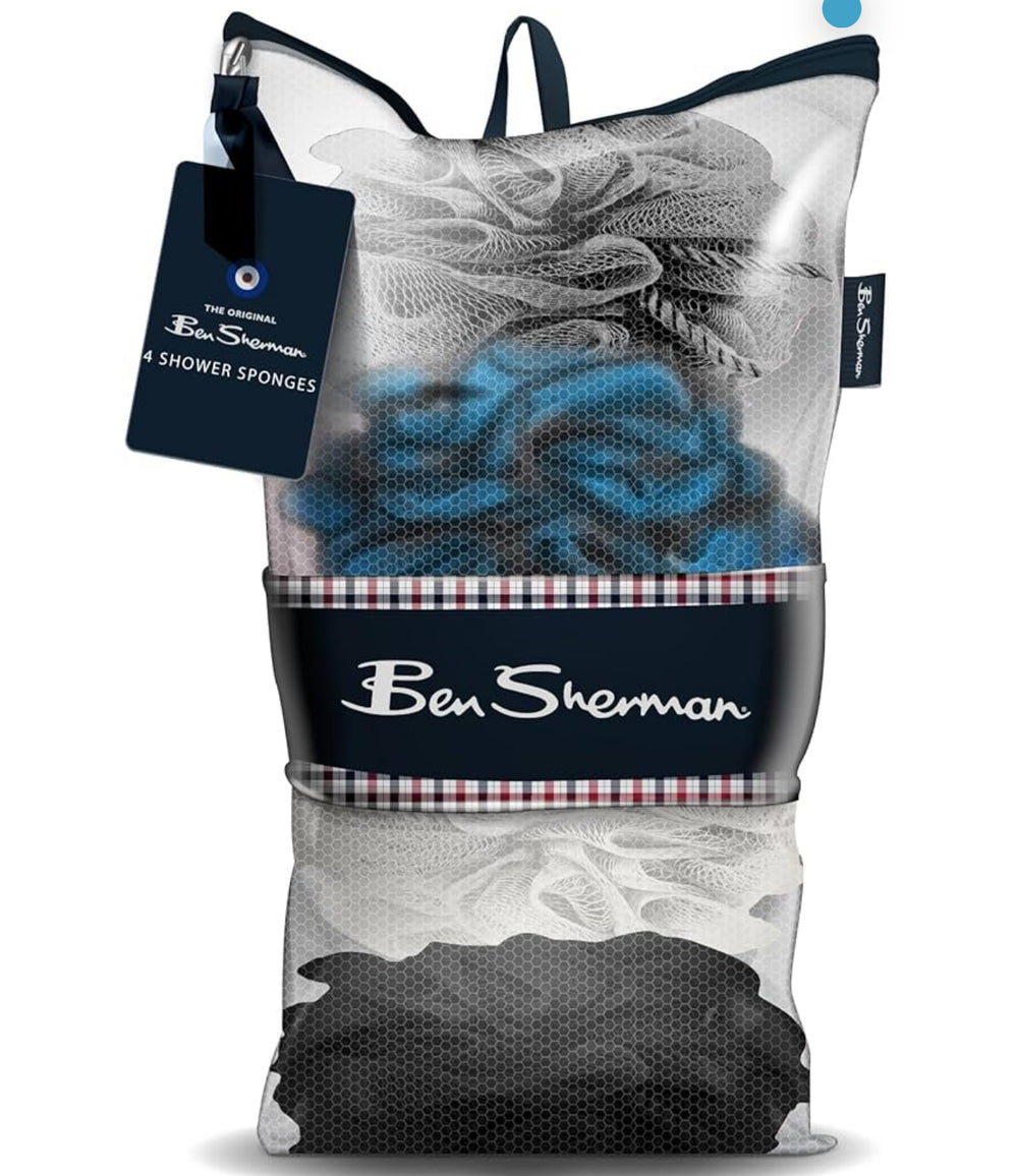 Ben Sherman 6 Pack Loofah Shower Poufs Exfoliating Cleansing Body Scrubbers for Shower in Washable Zip Up Bag - Grey