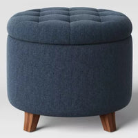 Tufted Round Storage Ottoman Heathered Blue - Threshold: Mid-Century, Hidden Compartment, Wood Legs LPEU853870